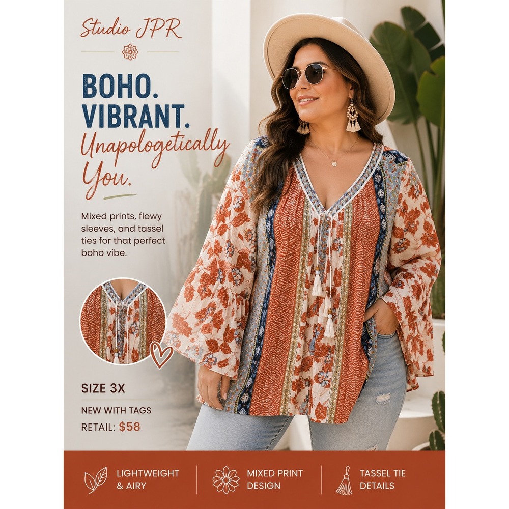 NEW Studio Woman Tunic Top 3X Rust Blue Mixed Print Boho Tassel Bell Sleeve